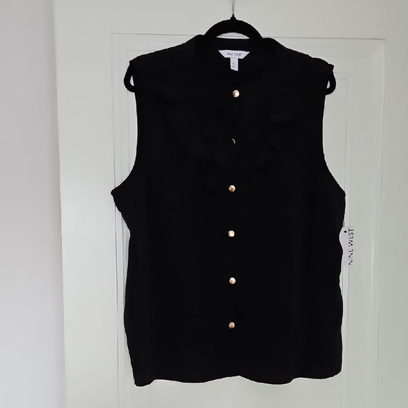 Nine West Black Sleeveless Top, Ruffle Neckline, Gold Snaps, Size XL, NWT - Picture 1 of 7